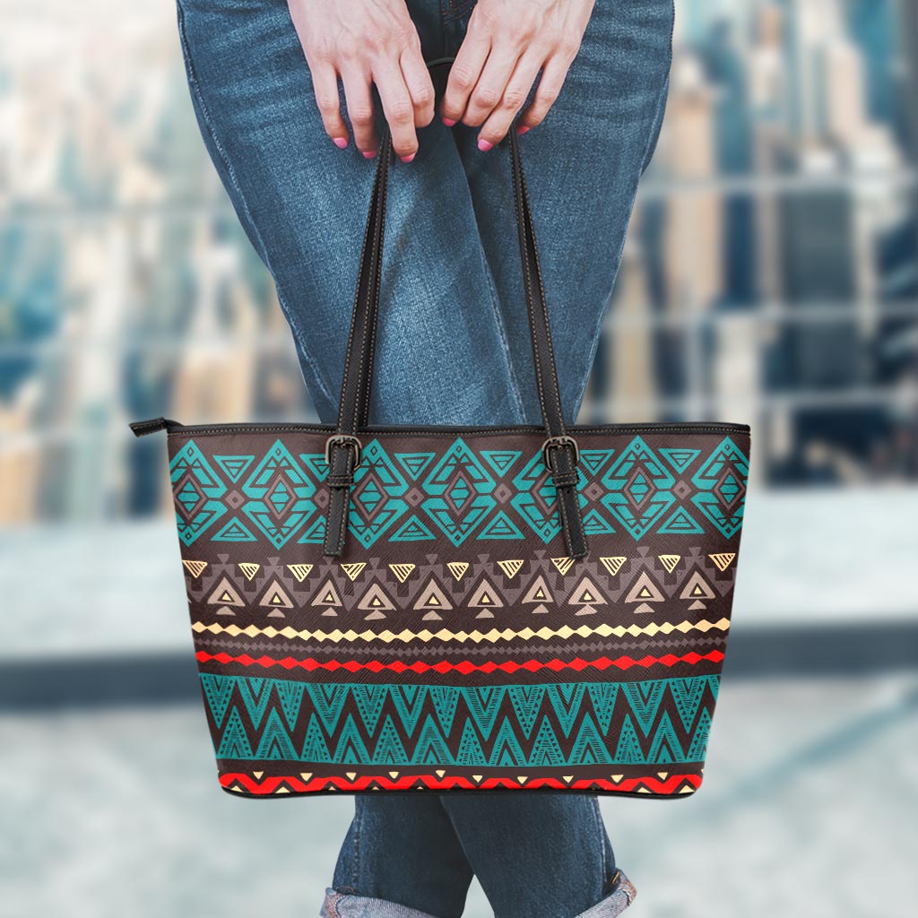 Teal And Brown Aztec Pattern Print Leather Tote Bag