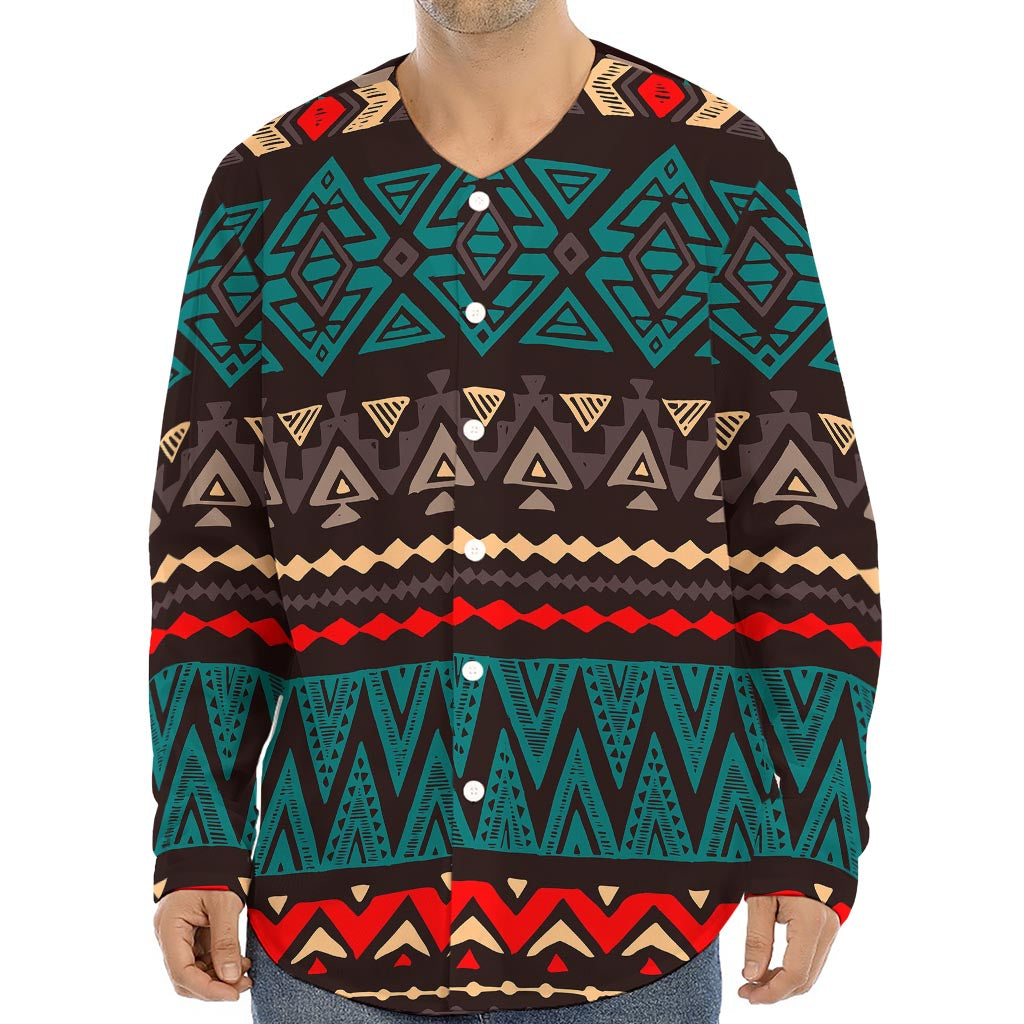 Teal And Brown Aztec Pattern Print Long Sleeve Baseball Jersey