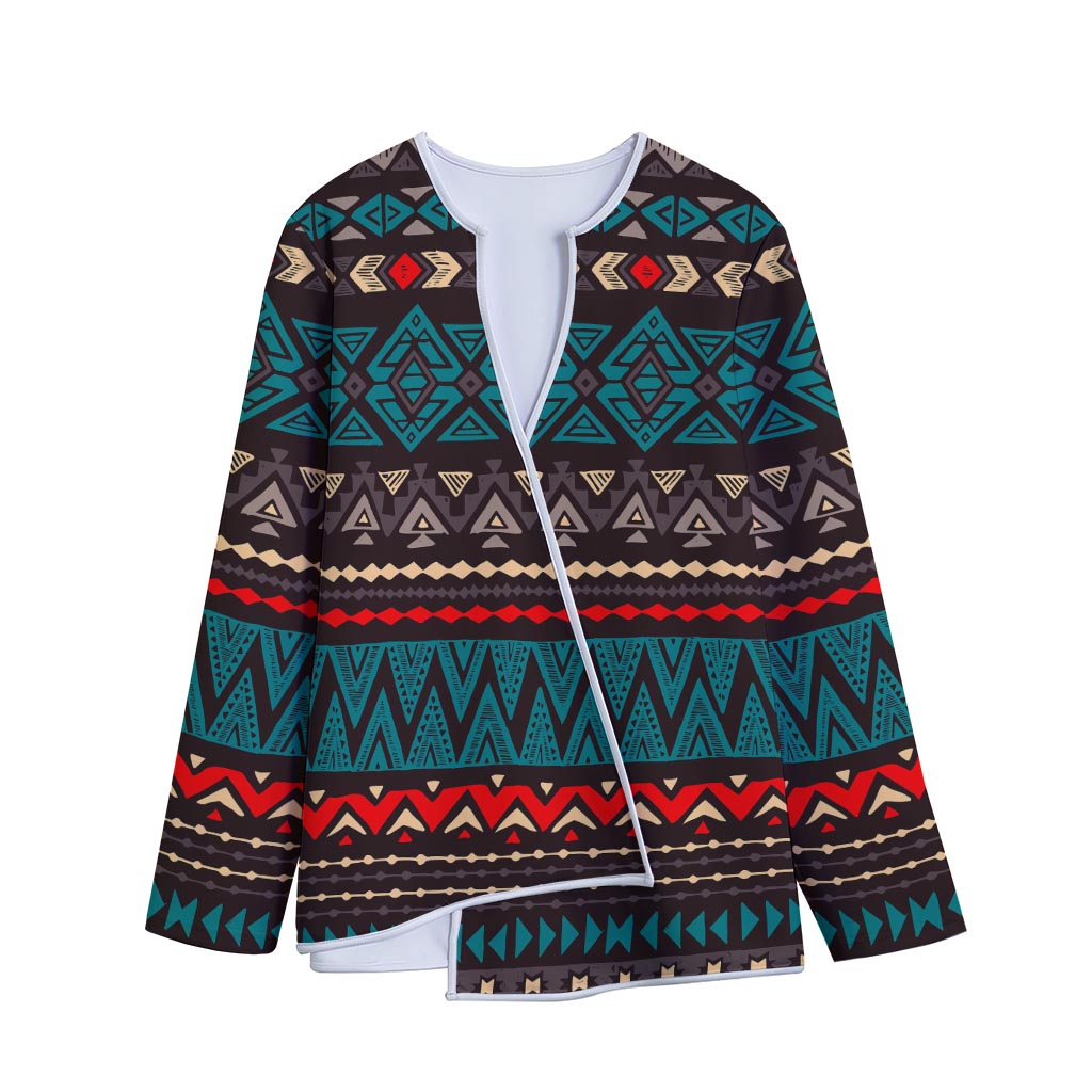 Teal And Brown Aztec Pattern Print Long Sleeve Short Coat