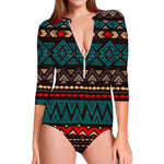 Teal And Brown Aztec Pattern Print Long Sleeve Swimsuit