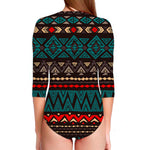 Teal And Brown Aztec Pattern Print Long Sleeve Swimsuit
