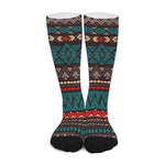Teal And Brown Aztec Pattern Print Long Socks