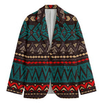 Teal And Brown Aztec Pattern Print Men's Cotton Blazer