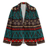 Teal And Brown Aztec Pattern Print Men's Cotton Blazer