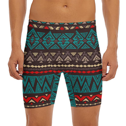 Teal And Brown Aztec Pattern Print Men's Long Boxer Briefs