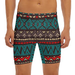 Teal And Brown Aztec Pattern Print Men's Long Boxer Briefs