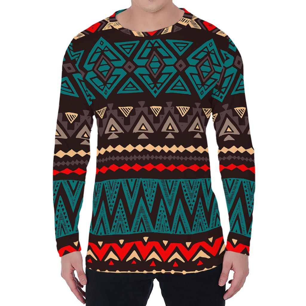 Teal And Brown Aztec Pattern Print Men's Long Sleeve T-Shirt