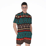Teal And Brown Aztec Pattern Print Men's Rompers