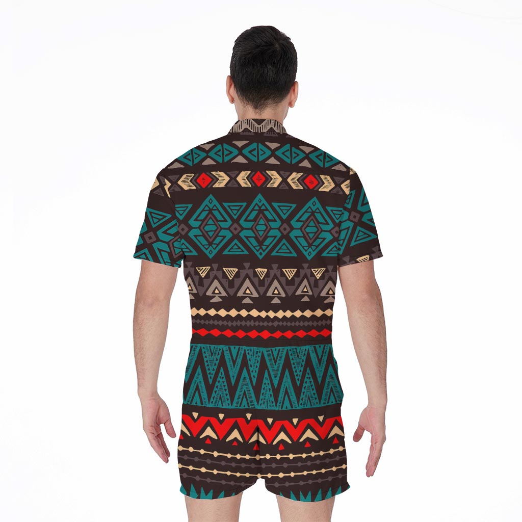 Teal And Brown Aztec Pattern Print Men's Rompers