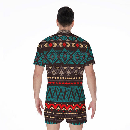 Teal And Brown Aztec Pattern Print Men's Rompers