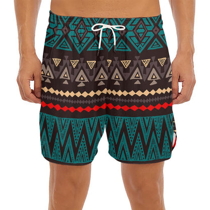 Teal And Brown Aztec Pattern Print Men's Split Running Shorts