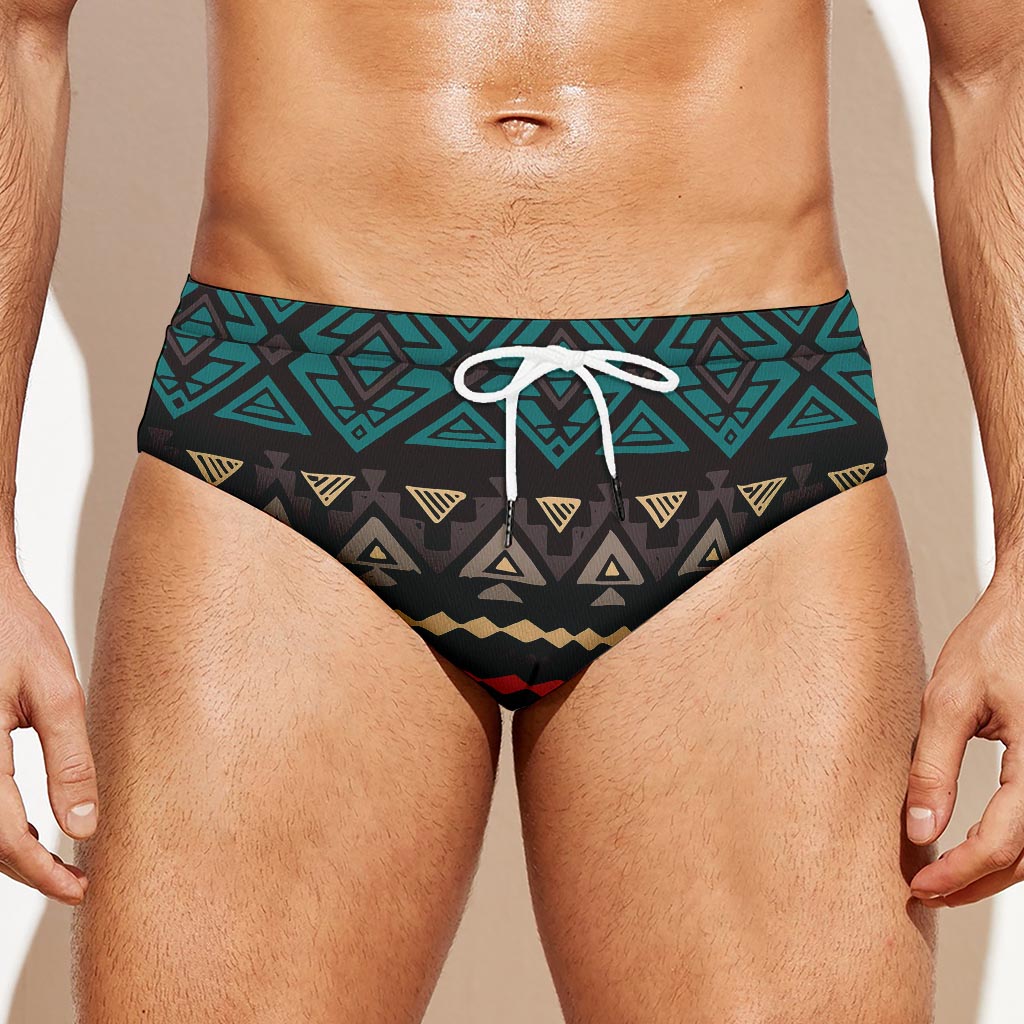 Teal And Brown Aztec Pattern Print Men's Swim Briefs