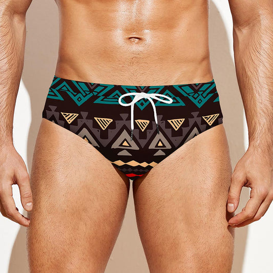 Teal And Brown Aztec Pattern Print Men's Swim Briefs