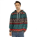 Teal And Brown Aztec Pattern Print Men's Velvet Pullover Hoodie