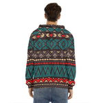 Teal And Brown Aztec Pattern Print Men's Velvet Pullover Hoodie