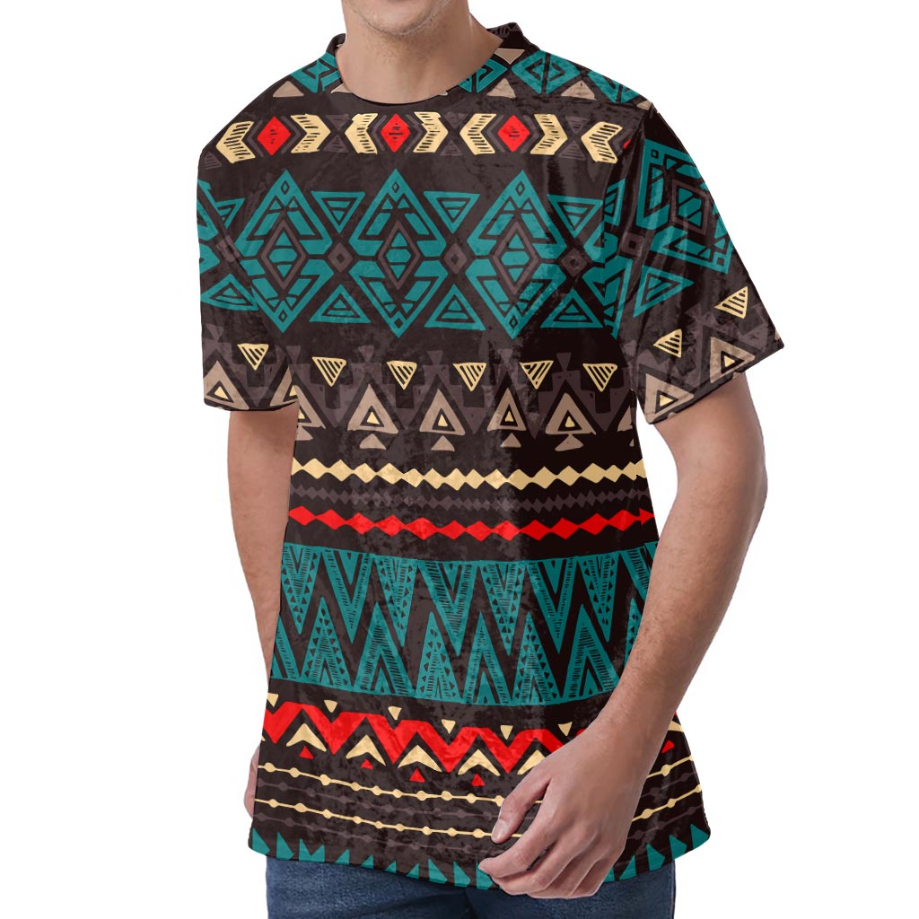 Teal And Brown Aztec Pattern Print Men's Velvet T-Shirt