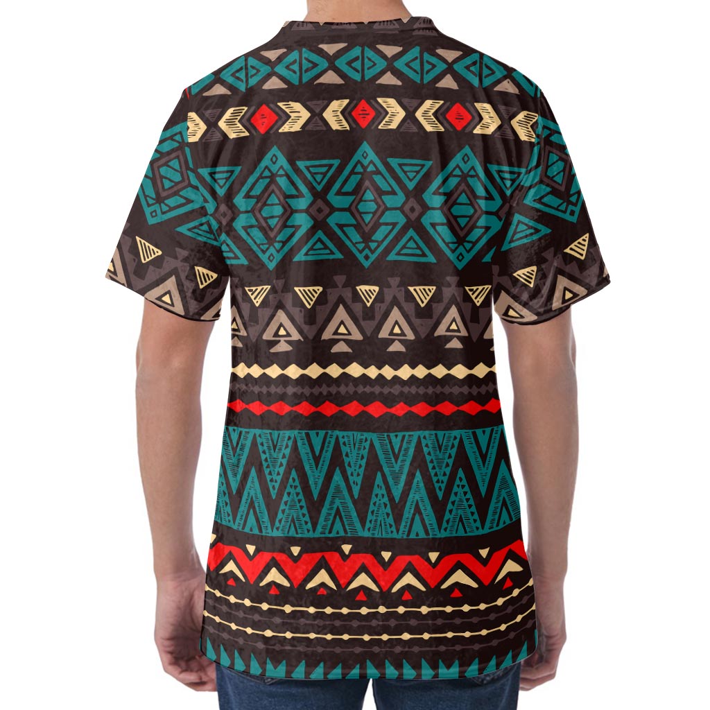 Teal And Brown Aztec Pattern Print Men's Velvet T-Shirt
