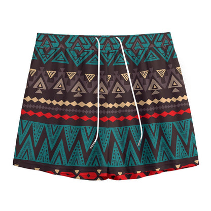 Teal And Brown Aztec Pattern Print Mesh Shorts