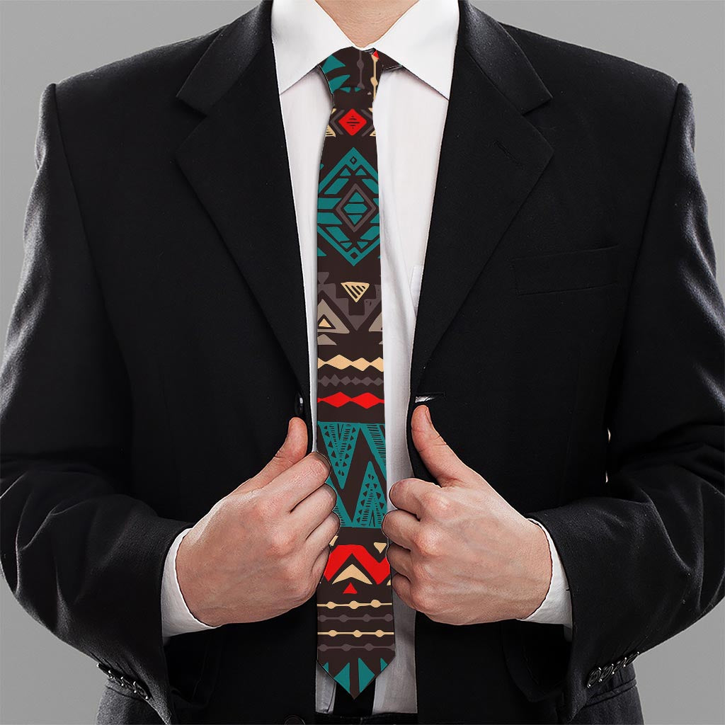 Teal And Brown Aztec Pattern Print Necktie