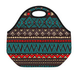 Teal And Brown Aztec Pattern Print Neoprene Lunch Bag