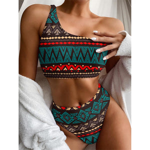 Teal And Brown Aztec Pattern Print One Shoulder Bikini Top