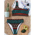 Teal And Brown Aztec Pattern Print One Shoulder Bikini Top