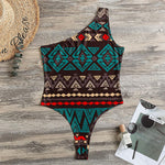 Teal And Brown Aztec Pattern Print One Shoulder Bodysuit
