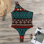 Teal And Brown Aztec Pattern Print One Shoulder Bodysuit