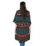 Teal And Brown Aztec Pattern Print Open Front Beach Cover Up