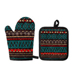 Teal And Brown Aztec Pattern Print Oven Mitt And Pot Holder Set