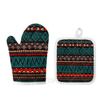 Teal And Brown Aztec Pattern Print Oven Mitt And Pot Holder Set