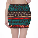 Teal And Brown Aztec Pattern Print Pencil Mini Skirt