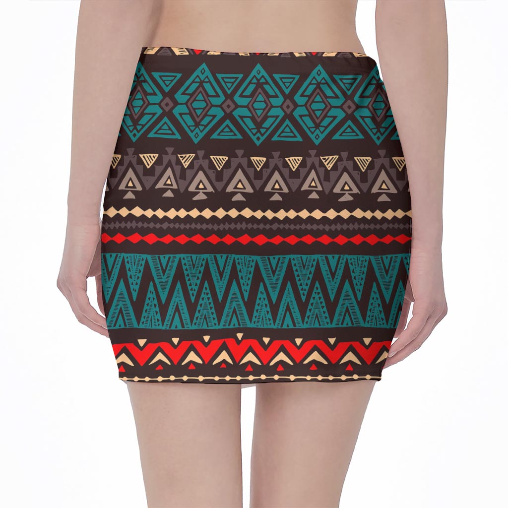 Teal And Brown Aztec Pattern Print Pencil Mini Skirt
