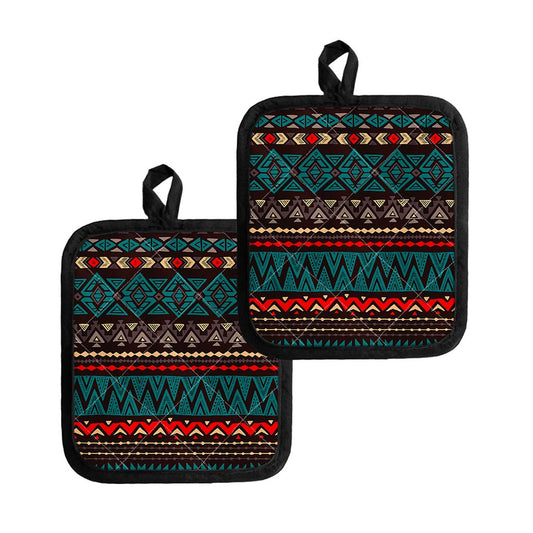 Teal And Brown Aztec Pattern Print Pot Holders