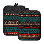 Teal And Brown Aztec Pattern Print Pot Holders With Pocket