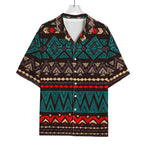 Teal And Brown Aztec Pattern Print Rayon Hawaiian Shirt