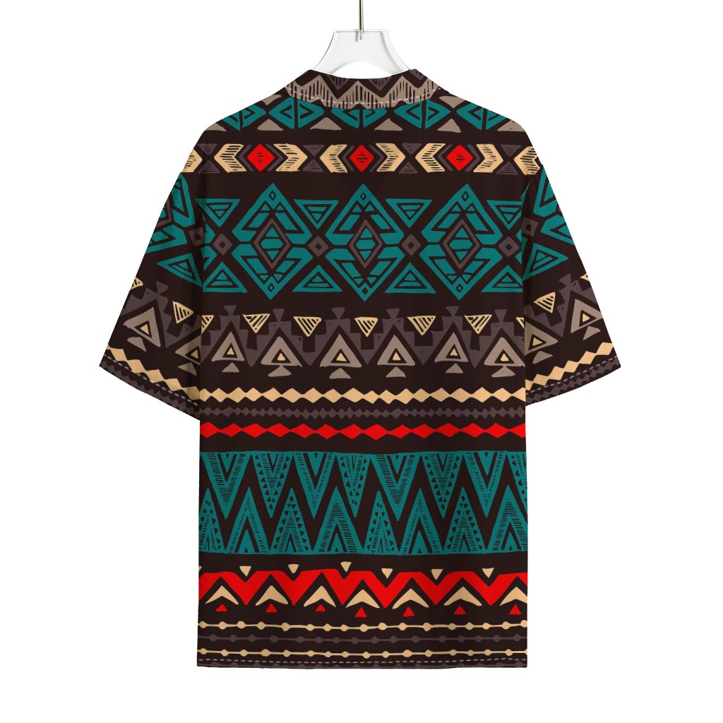 Teal And Brown Aztec Pattern Print Rayon Hawaiian Shirt