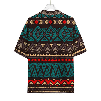 Teal And Brown Aztec Pattern Print Rayon Hawaiian Shirt