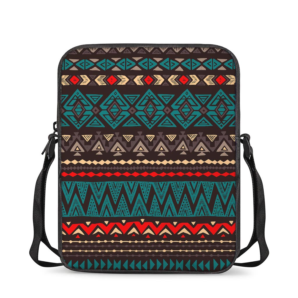 Teal And Brown Aztec Pattern Print Rectangular Crossbody Bag