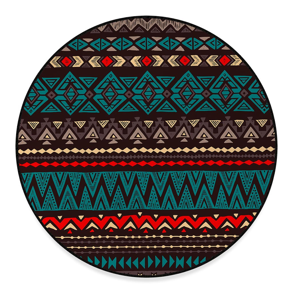 Teal And Brown Aztec Pattern Print Round Floor Mat