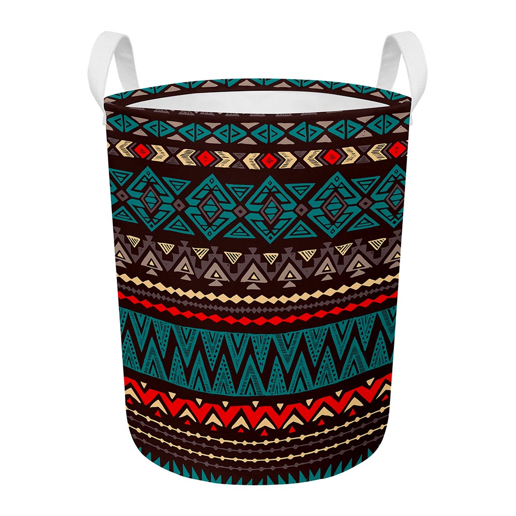 Teal And Brown Aztec Pattern Print Round Laundry Basket