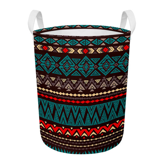 Teal And Brown Aztec Pattern Print Round Laundry Basket