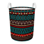 Teal And Brown Aztec Pattern Print Round Laundry Basket