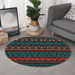 Teal And Brown Aztec Pattern Print Round Rug