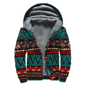 Teal And Brown Aztec Pattern Print Sherpa Lined Zip Up Hoodie