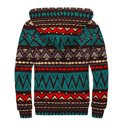 Teal And Brown Aztec Pattern Print Sherpa Lined Zip Up Hoodie