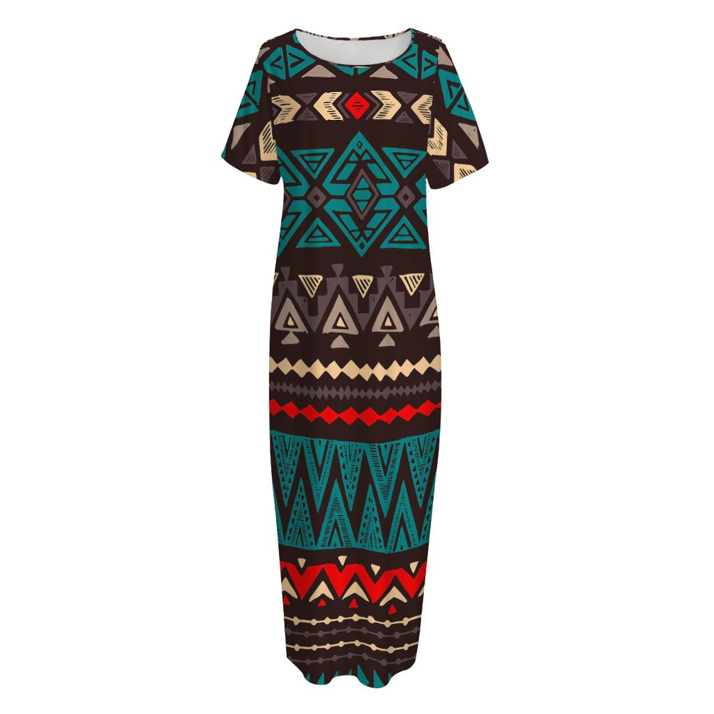 Teal And Brown Aztec Pattern Print Short Sleeve Long Nightdress