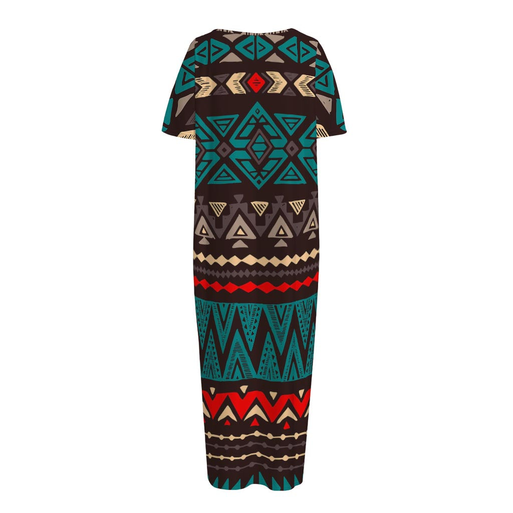 Teal And Brown Aztec Pattern Print Short Sleeve Long Nightdress