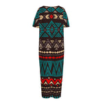 Teal And Brown Aztec Pattern Print Short Sleeve Long Nightdress