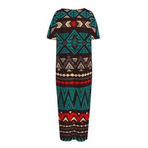 Teal And Brown Aztec Pattern Print Short Sleeve Long Nightdress